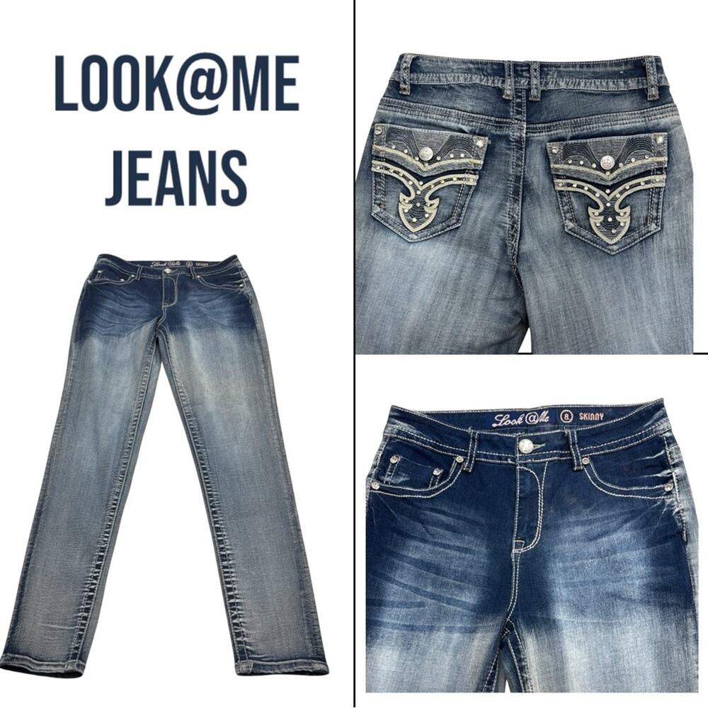 LOOK @ ME Women's 8 Skinny Embellished Blue Jeans